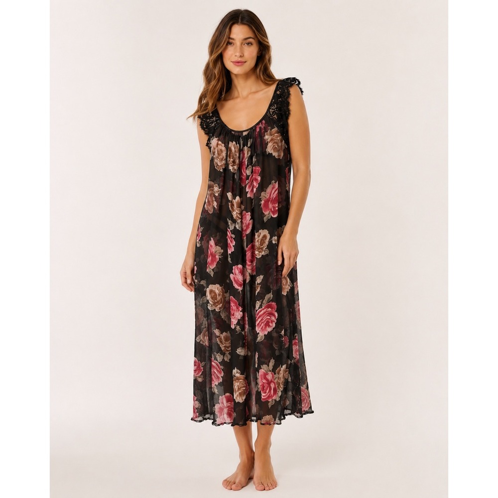 Lucie Ann Vintage Floral Lace Trim Maxi Nightgown Black Glam Medium